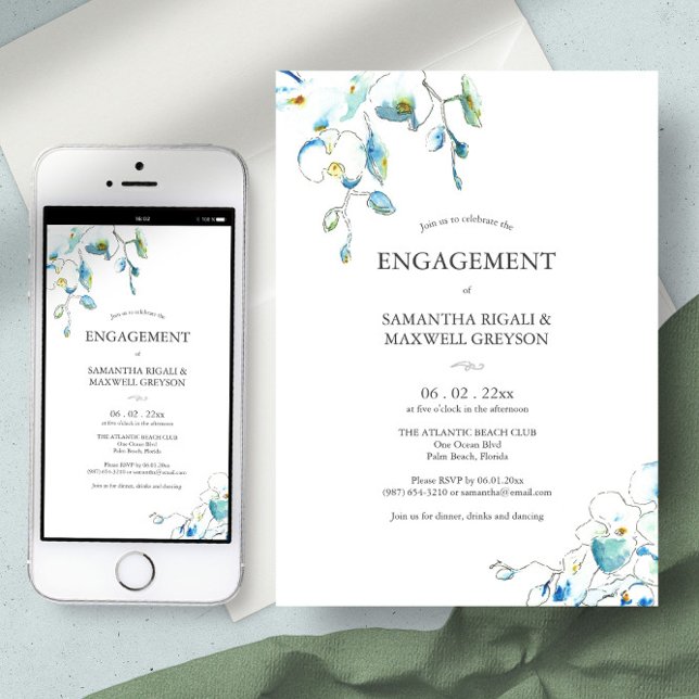 Invitations de la partie d'engagement Aquarelle Fl (Engagement party invitations blue watercolor floral orchid art by Victoria Grigaliunas )