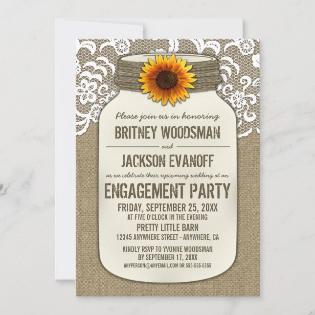 Invitations de la partie d'engagement Burlap Lace  (Devant)