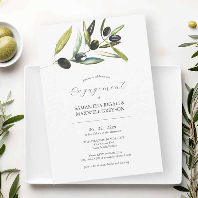 Invitations de la partie d'engagement Olive botani (Engagement party invitations features unique watercolor olive branch by Victoria Grigaliuanas)