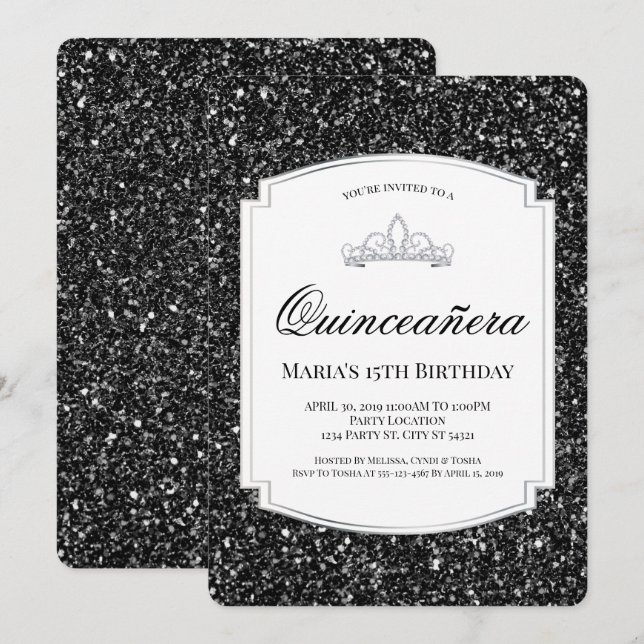Invitations de la Parties scintillant noire Quince (Devant / Derrière)