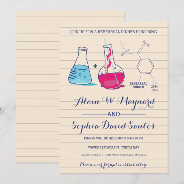 Invitations de la répétition de chimie rose et ble (Devant / Derrière)