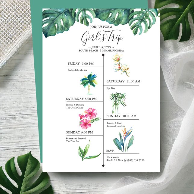 Invitations de la soirée de bachelorette tropicale (Tropical girls trip invitations watercolor monstera leaves and florals by Victoria Grigaliunas )