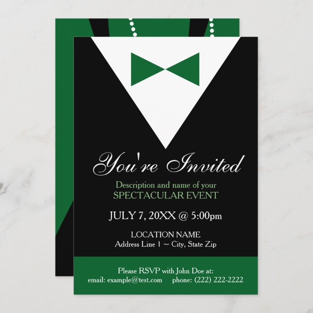 Invitations de la soirée moderne de Tuxedo Black a (Devant / Derrière)