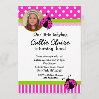 Invitations de Ladybug BIrthday à Hot Pink et Gree