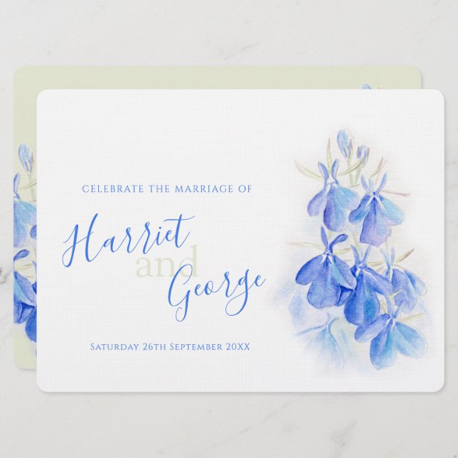 Invitations de mariage à dos bleu fleuri (Devant / Derrière)