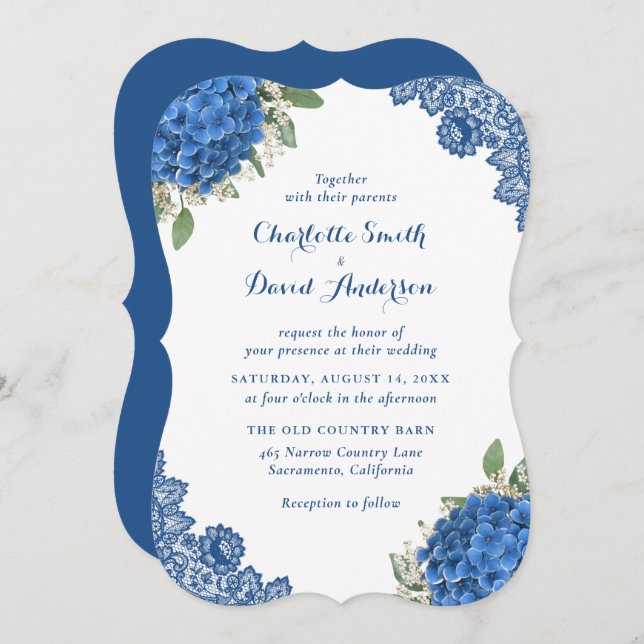 Invitations de mariage à la dentelle bleue russe H (Devant / Derrière)