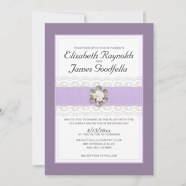 Invitations de mariage à la dentelle et à la perle (Devant)