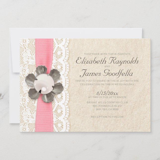Invitations de mariage à la dentelle et aux perles (Devant)