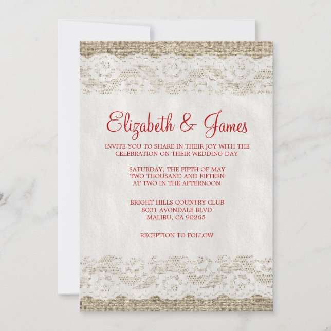 Invitations de mariage à la dentelle rouge et blan (Devant)
