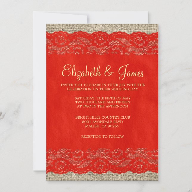 Invitations de mariage à la dentelle rouge et doré (Devant)