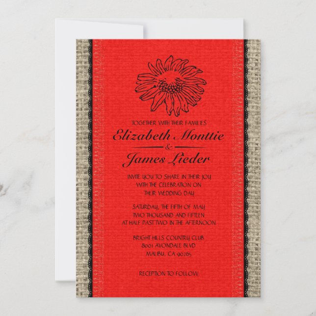 Invitations de mariage à la dentelle rouge et noir (Devant)