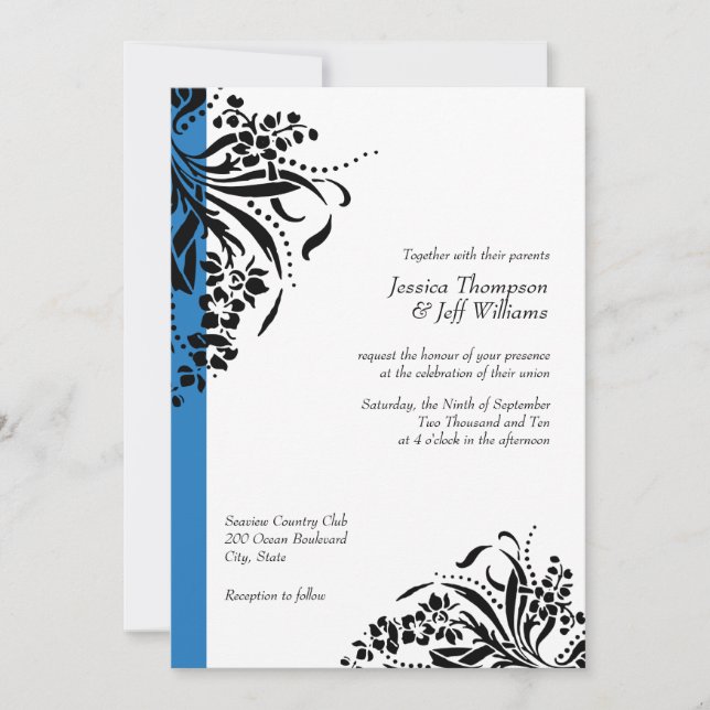 Invitations de mariage à la floraison bleue et noi (Devant)