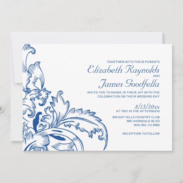 Invitations de mariage à la floraison bleue royale (Devant)