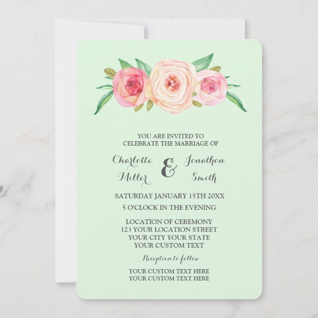 Invitations de mariage à la menthe rose (Dos)