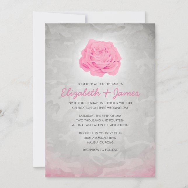 Invitations de mariage à la mode rose de Camo (Devant)
