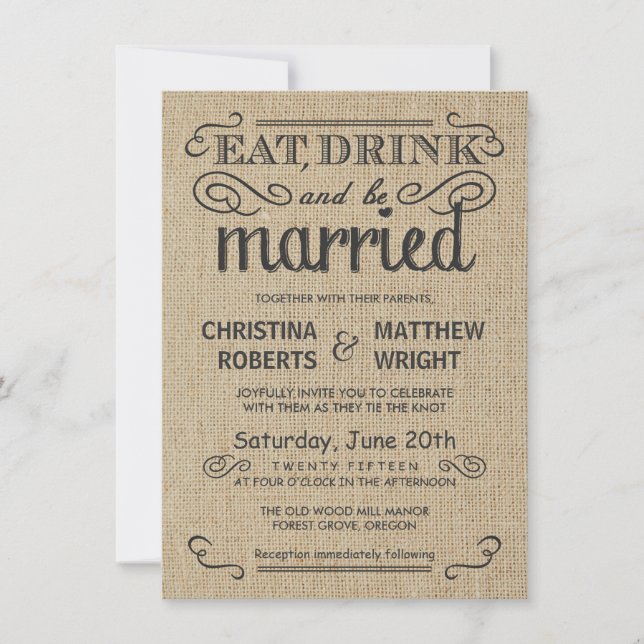 Invitations de mariage à la mode rustique Burlap (Devant)