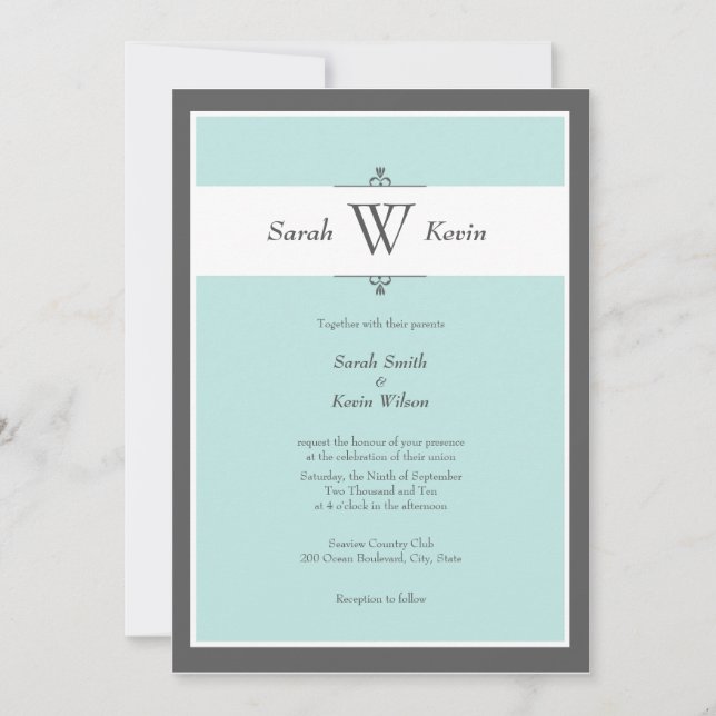 Invitations de mariage à l'aqua et au monogramme g (Devant)