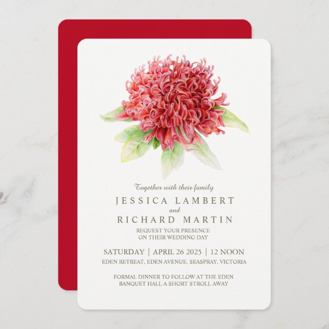 Invitations de mariage à l'aquarelle rouge waratah (Devant / Derrière)