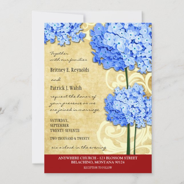Invitations de mariage à l'hydrangée rouge bleu Vi (Devant)