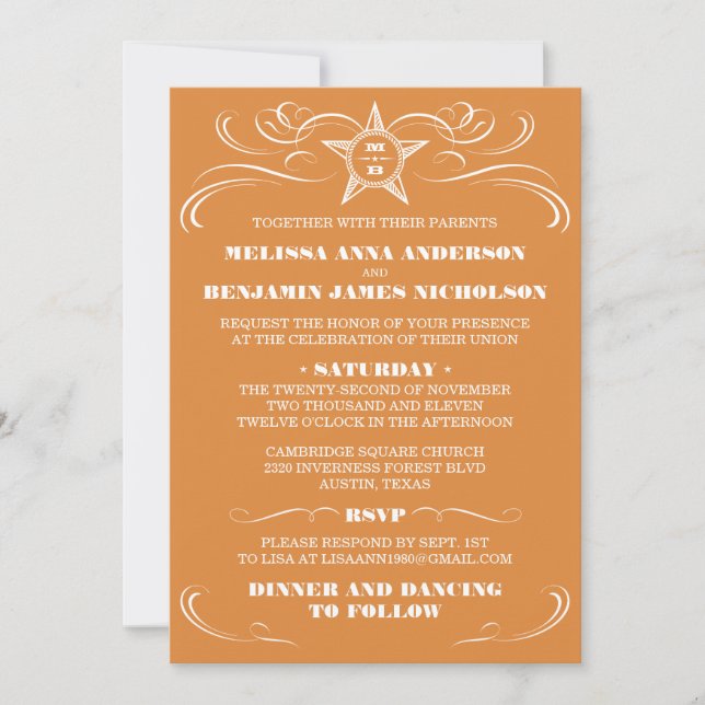 Invitations de mariage à l'orange brûlée (Devant)