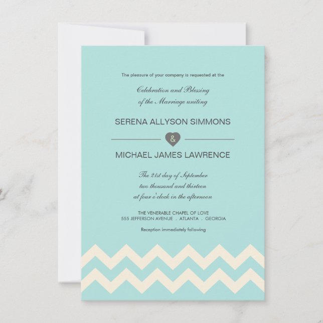 Invitations de mariage Aqual Blue et Ivory Chevron (Devant)