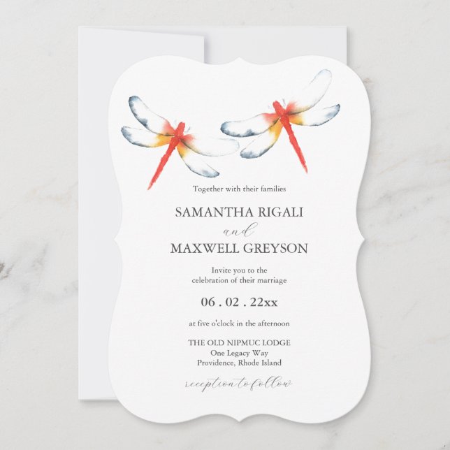Invitations de mariage Aquarelle rouge libellule (Devant)
