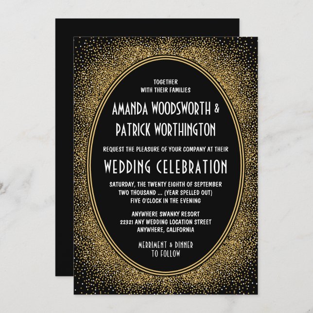 Invitations de mariage Art Déco Black and Gold Foi (Devant / Derrière)