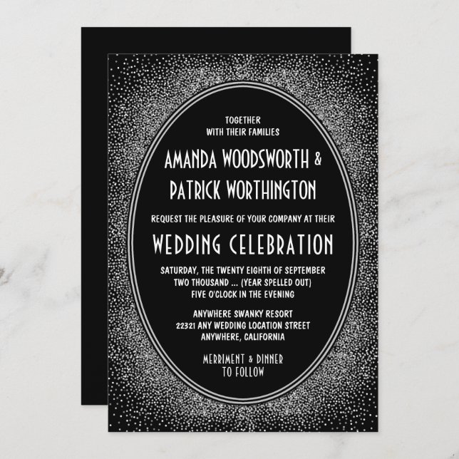 Invitations de mariage Art déco noir et argent Foi (Devant / Derrière)
