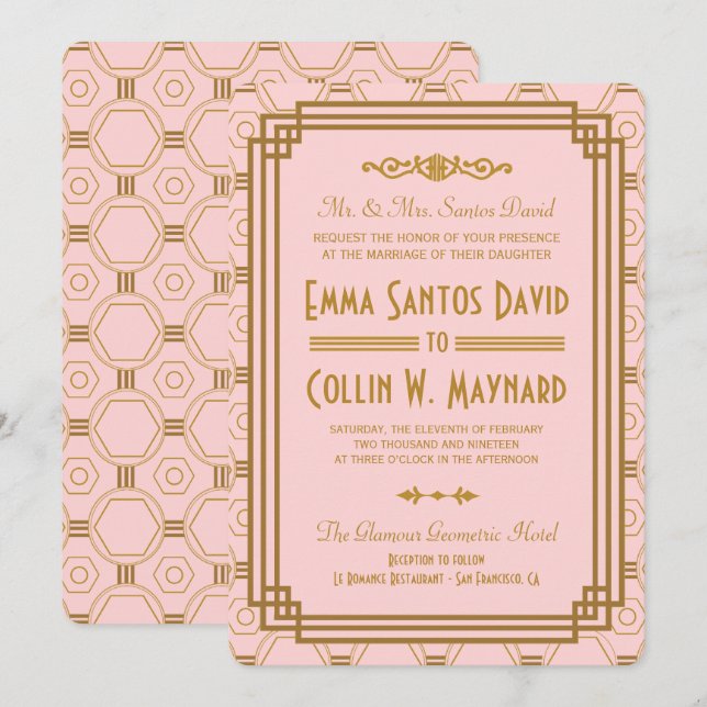 Invitations de mariage Art déco rose (Devant / Derrière)