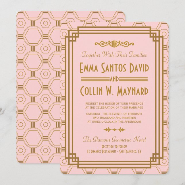 Invitations de mariage Art déco rose (Devant / Derrière)