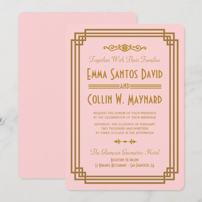 Invitations de mariage Art déco rose (Devant / Derrière)