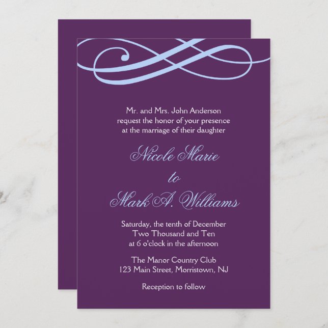 Invitations de mariage au prune et au bleu en poud (Devant / Derrière)