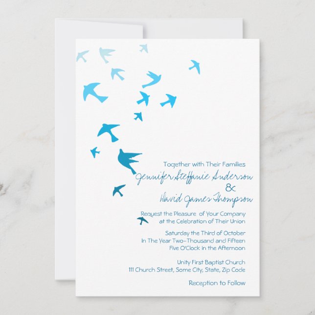 Invitations de mariage aux colombes ombres bleues  (Devant)