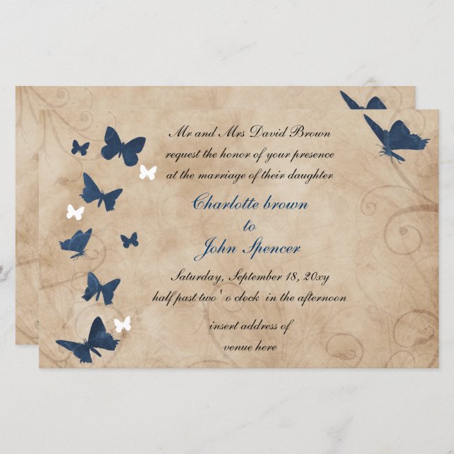 Invitations de mariage aux papillons Vintages (Devant / Derrière)