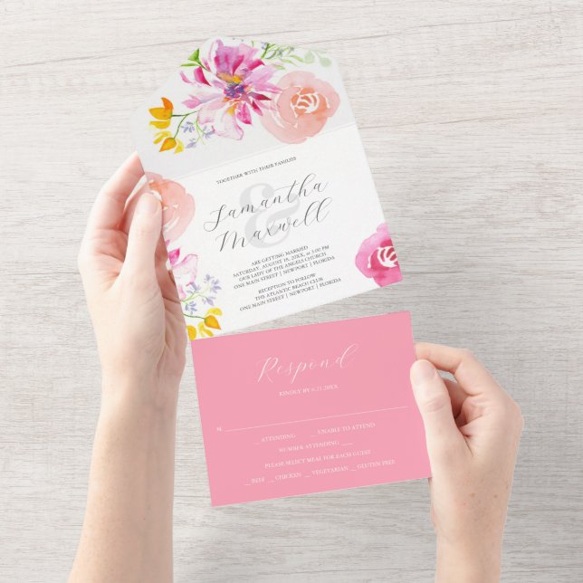 Invitations de mariage avec RSVP Card Fleurs roses (Déchirure)