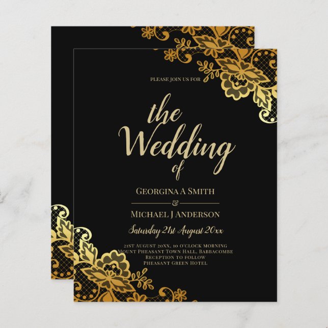 Invitations de Mariage Black Gold Lace (Devant / Derrière)