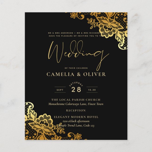Invitations de Mariage Black Gold Lace (Devant)