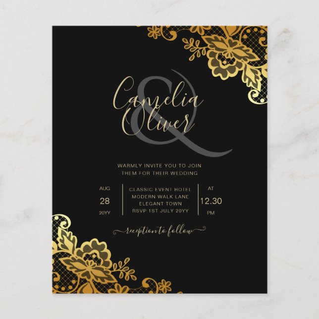 Invitations de Mariage Black Gold Lace (Devant)