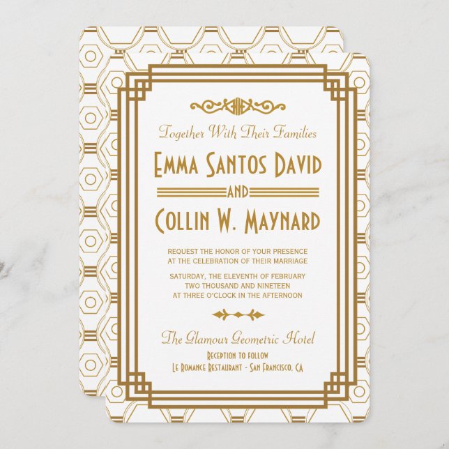 Invitations de mariage blanc Art Déco (Devant / Derrière)
