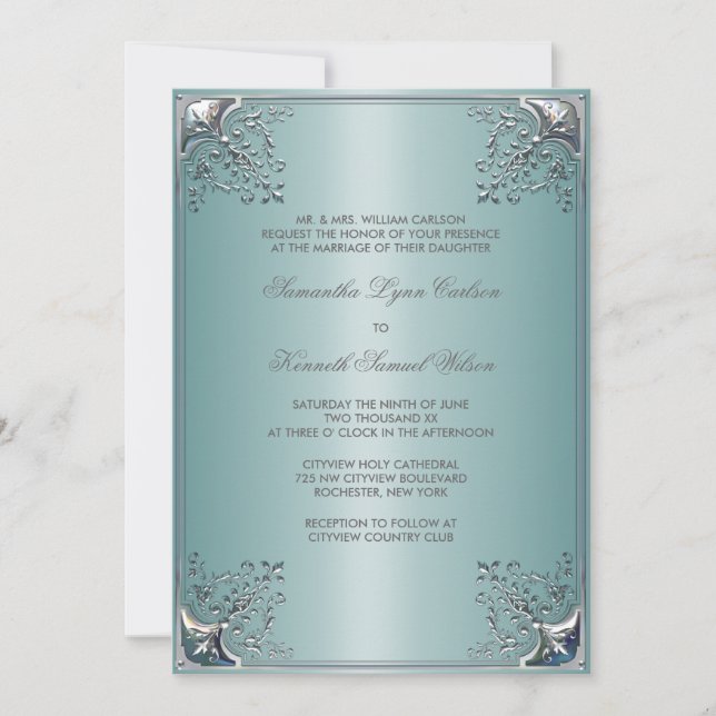 Invitations de mariage blanc bleu turquoise (Devant)