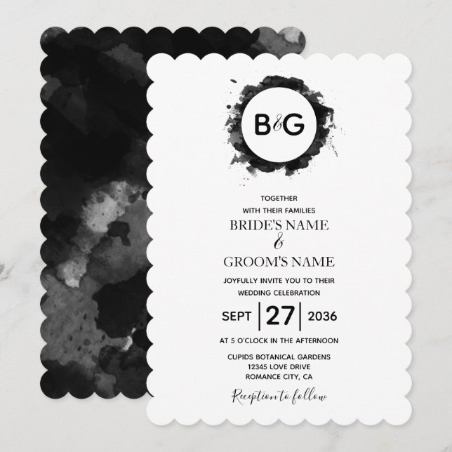 Invitations de mariage blanc noir simple (Devant / Derrière)