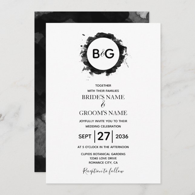 Invitations de mariage blanc noir simple (Devant / Derrière)