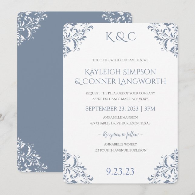 Invitations de mariage bleu Dusty | Élégant Vintag (Devant / Derrière)