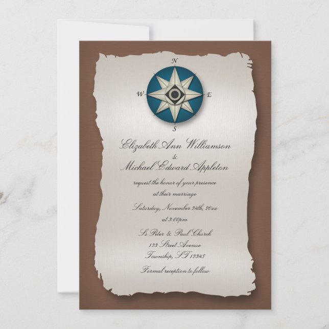 Invitations de mariage bleu et Brown Compass (Devant)