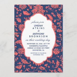 Invitations de mariage bleu et corail de la Marine
