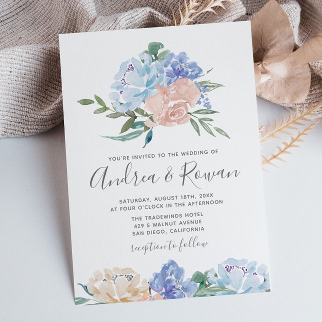 Invitations de mariage bleu et rose floral (Créateur téléchargé)