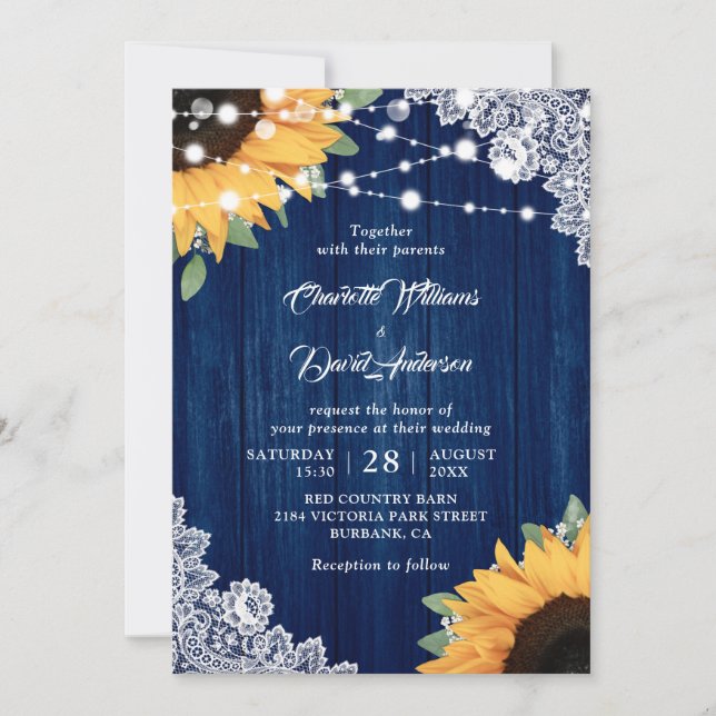 Invitations de mariage bleu et tournesol de la mar (Devant)