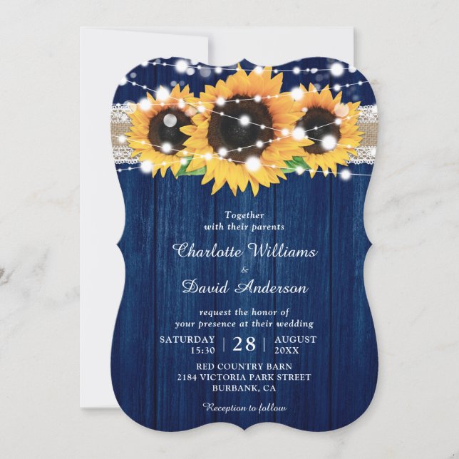Invitations de mariage bleu et tournesol de la mar (Devant)