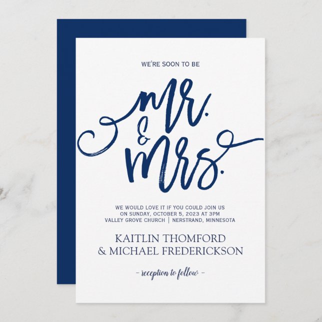 Invitations de mariage bleu marine - Script de bro (Devant / Derrière)
