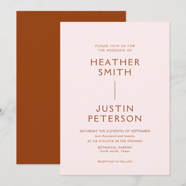 Invitations de mariage Blush en terre cuite modern (Devant / Derrière)